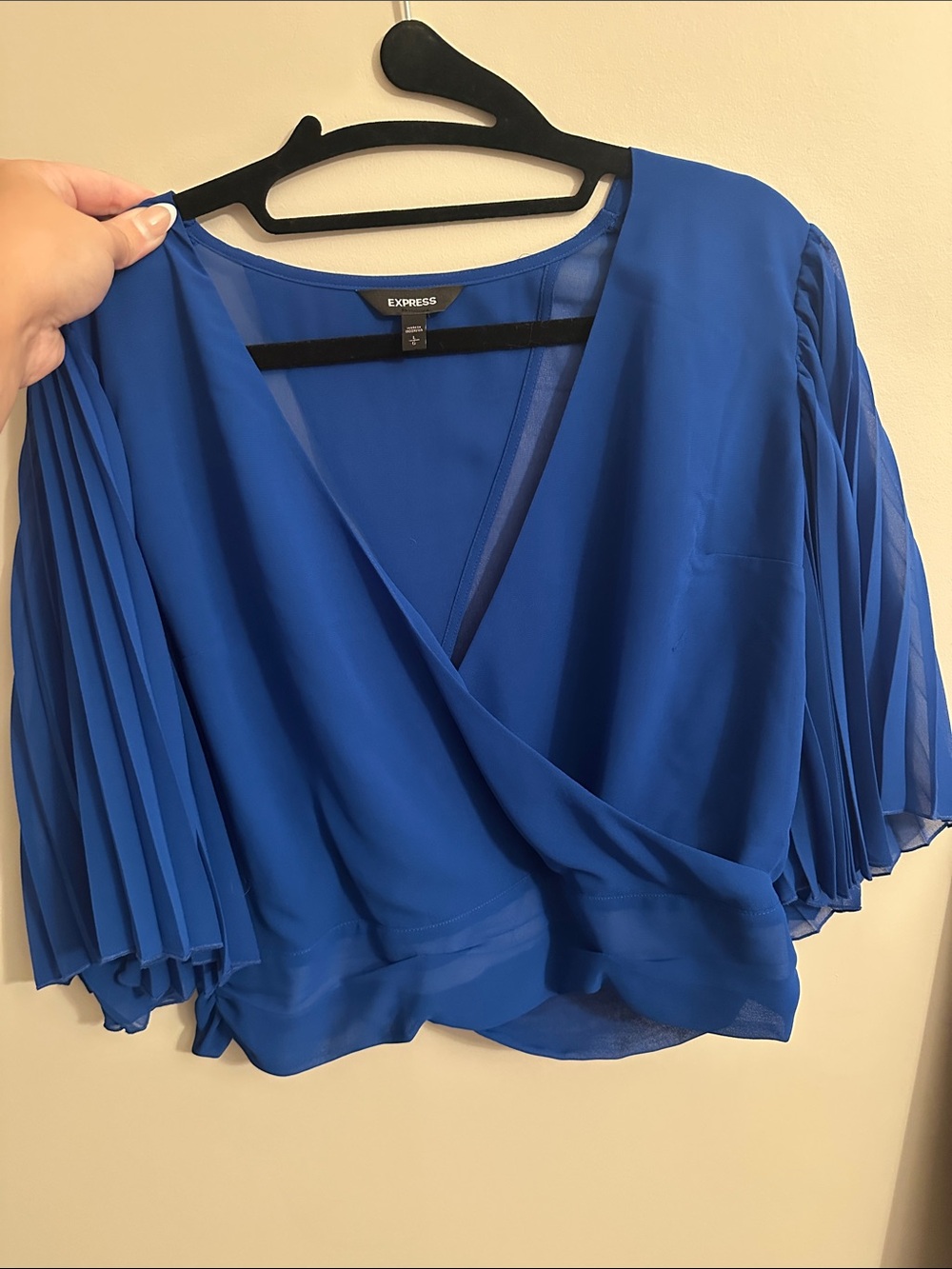 Express Cobalt Blue Pleated Sleeve Faux-Wrap Blouse